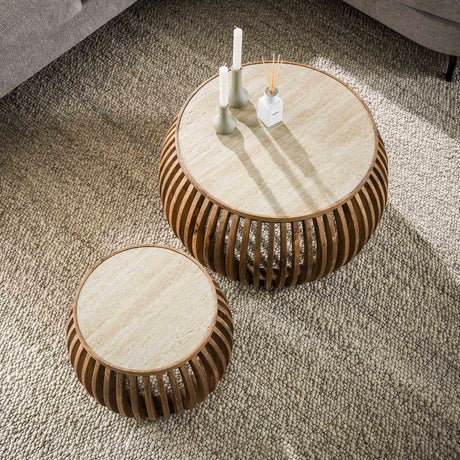 Table basse Vento Curve Ø75 en mango massif sable, ensemble de 2 
