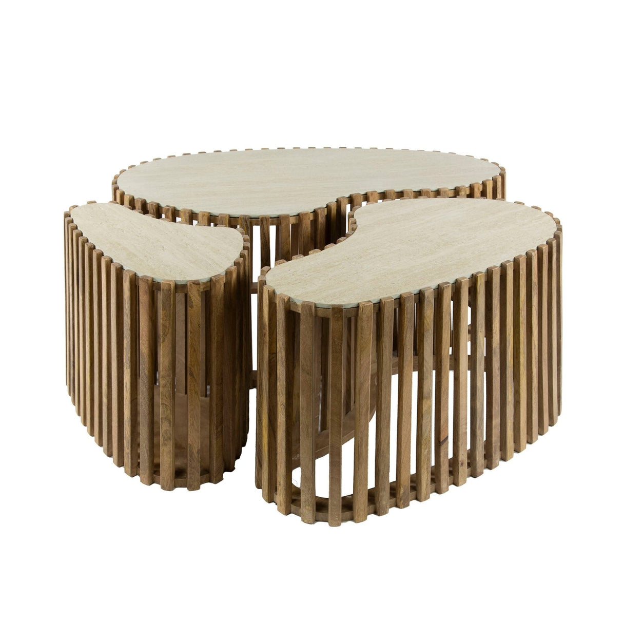 Ensemble de 3 tables basses en forme de vent nière en travertin massif en mango sable 