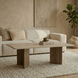 Table basse rectangulaire mélaminé noyer plateau travertin Sabin 119x60 cm