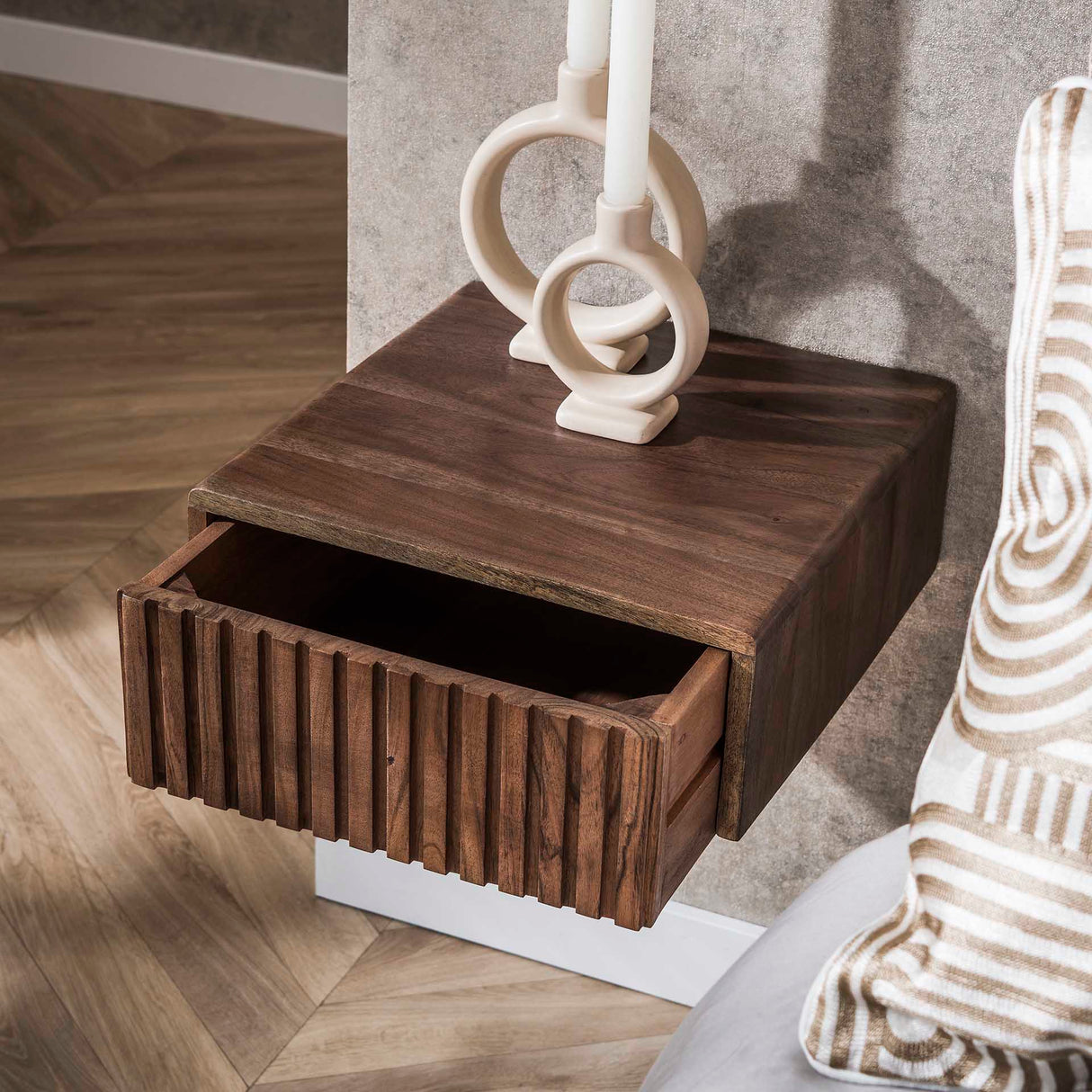 Table de nuit flottant en bois d'acacia drift brown – 1 tiroir 