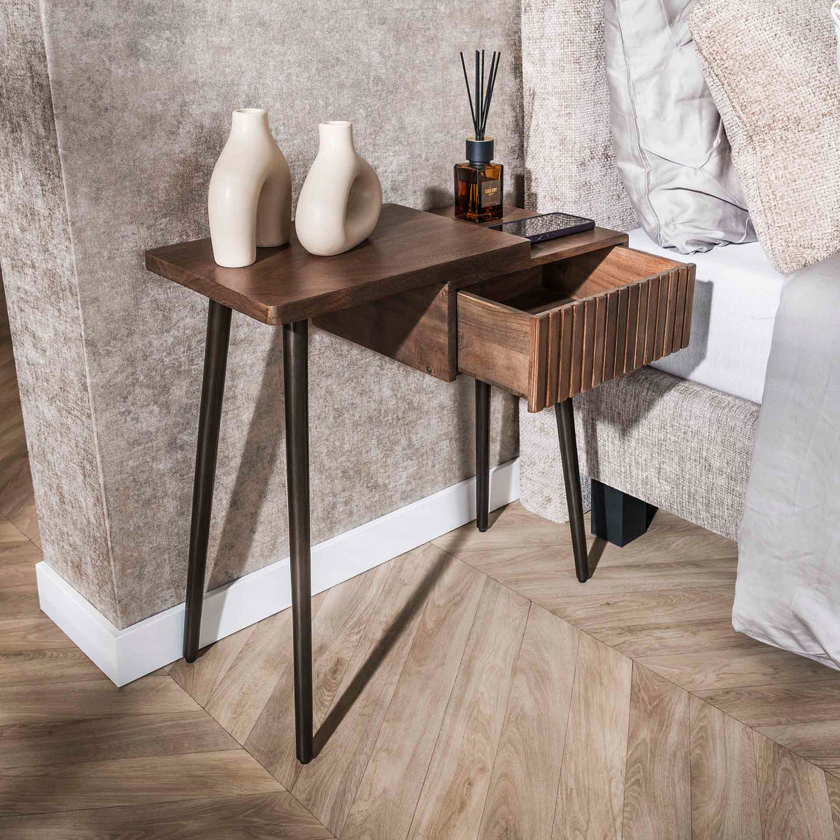 Table de Chevet Gauche Oslo Bois d'Acacia Marron Flotté 1 Tiroir