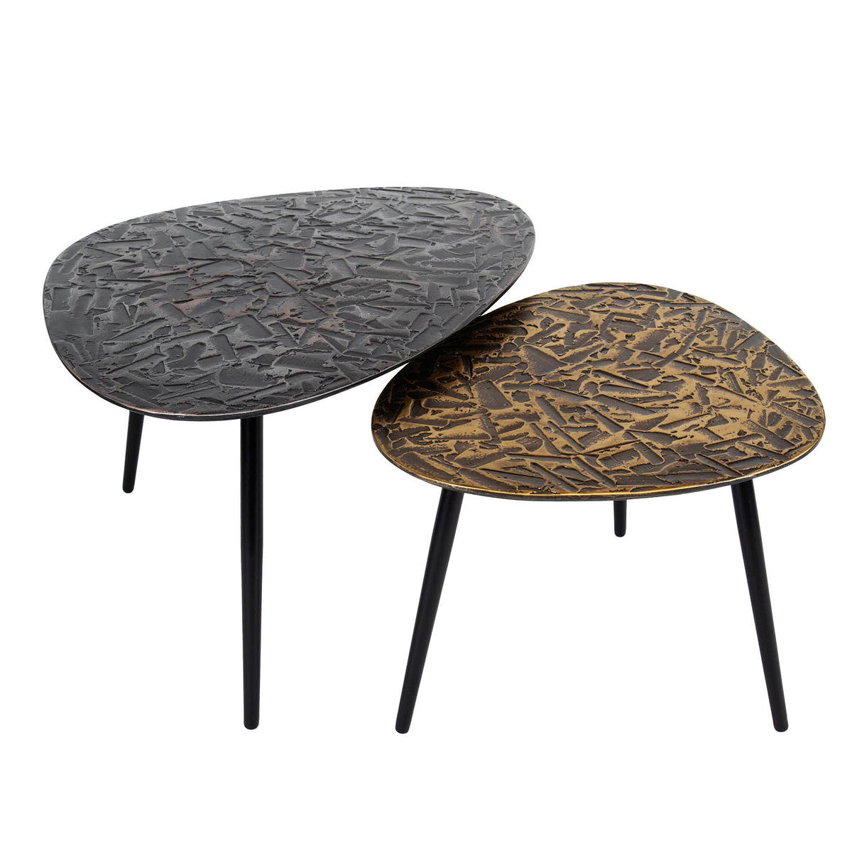 Ensemble de tables basses Marlo 2, en forme de triangle, patine argent antique en bronze 