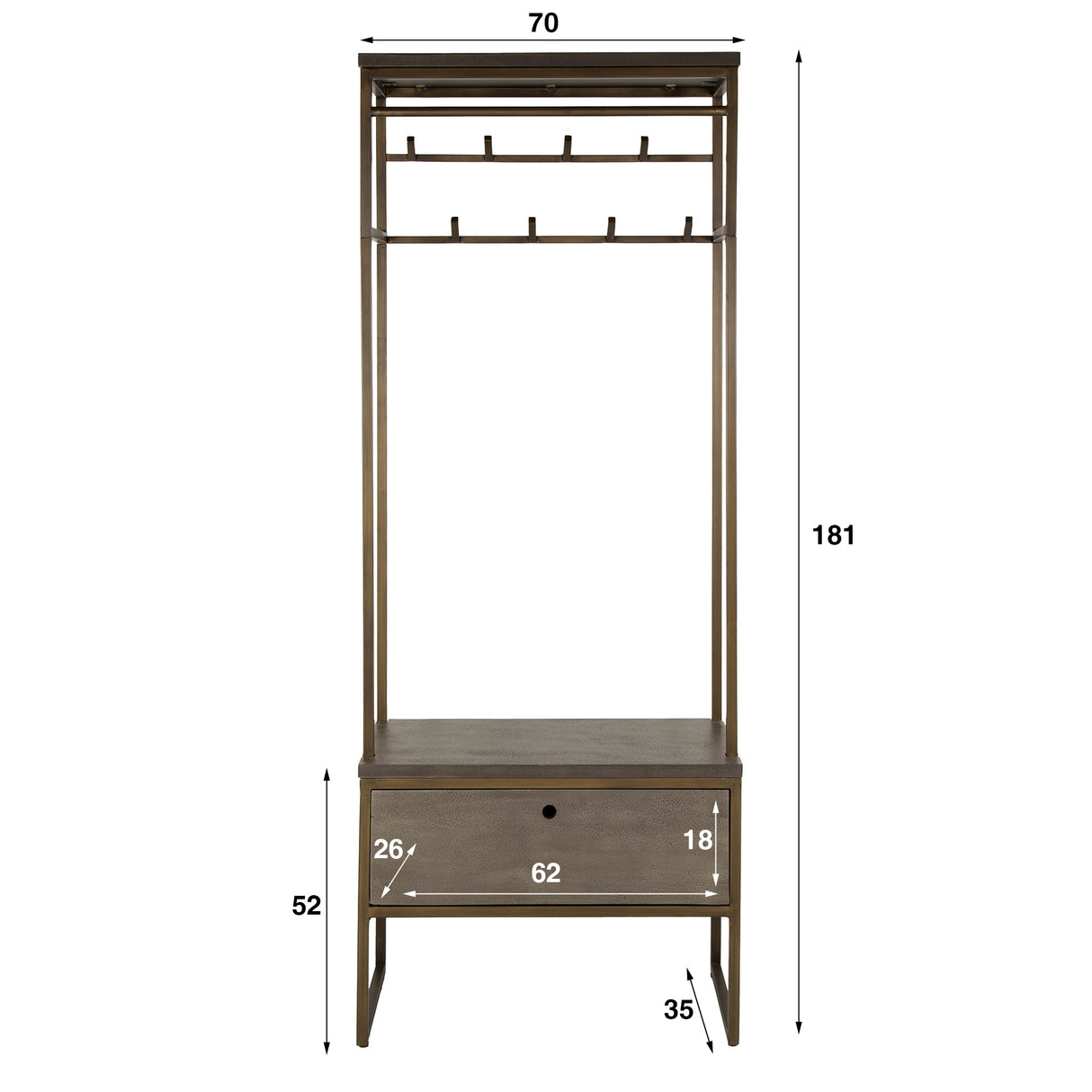 Meuble d'armoire Ferre 8 crochets avec étagère à chapeau métal bronze antique