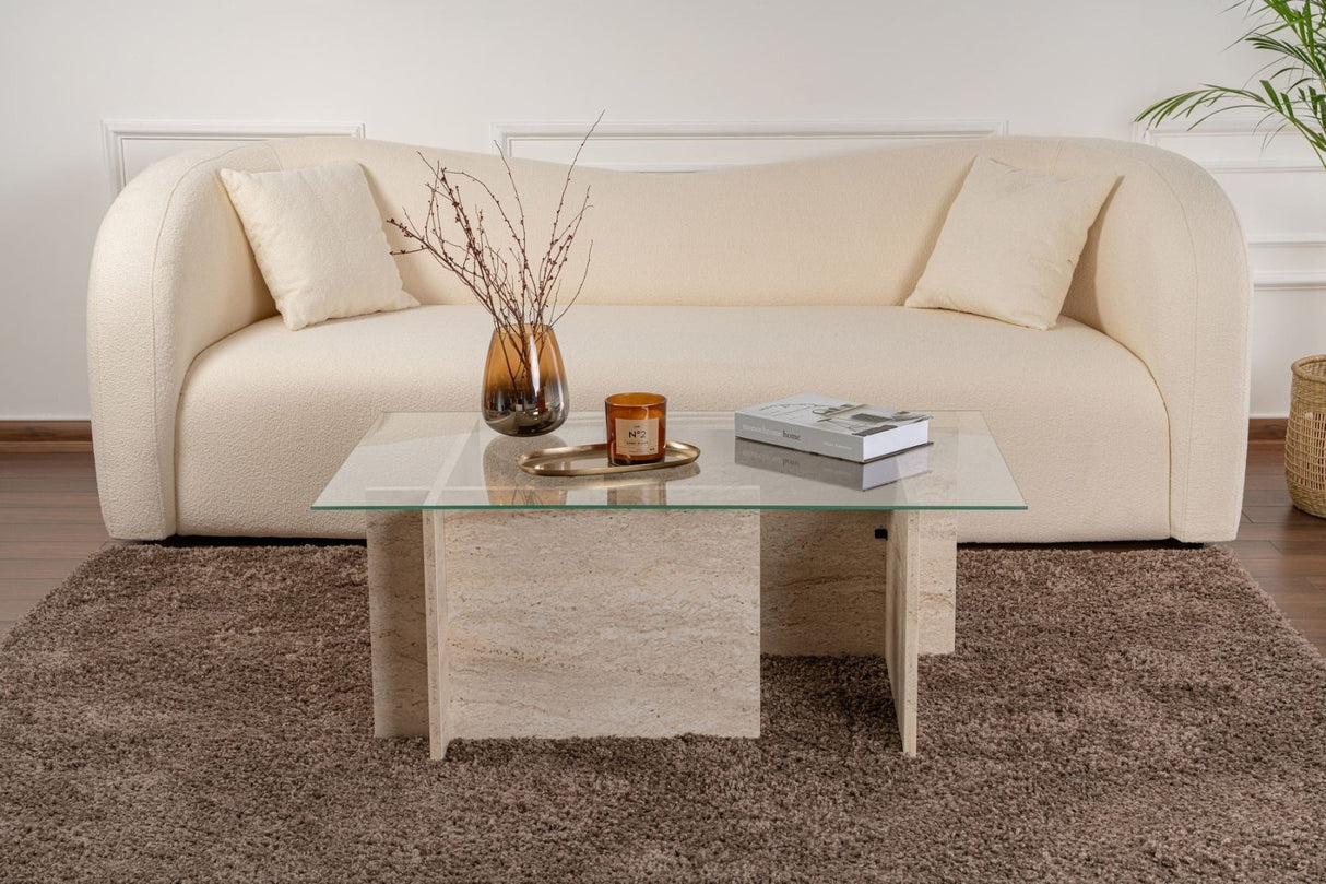 Rechthoekige Moderne Salontafel Vetroni Travertin Look - Glas - 105x65 cm