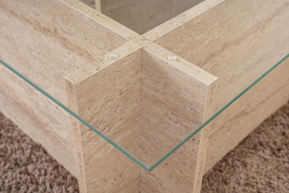 Rechthoekige Moderne Salontafel Vetroni Travertin Look - Glas - 105x65 cm