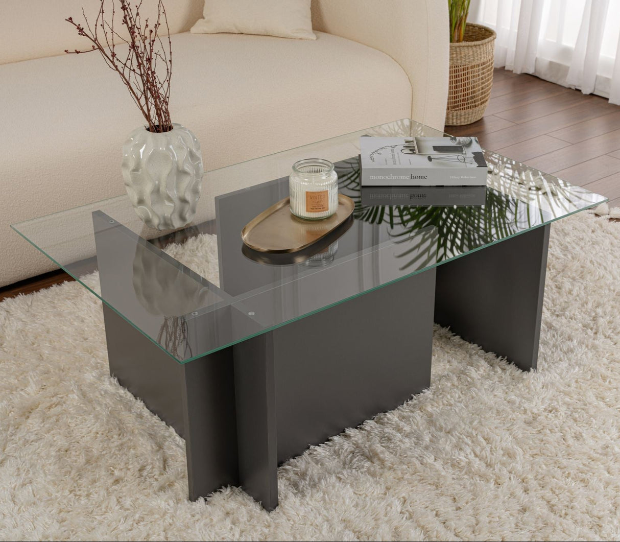 Table basse moderne rectangulaire Vetroni Anthracite - Verre - 105x65 cm 