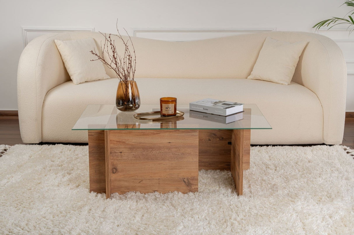 Rechthoekige Moderne Salontafel Vetroni Atlantisch Dennenhout Look - Glas - 105x65 cm