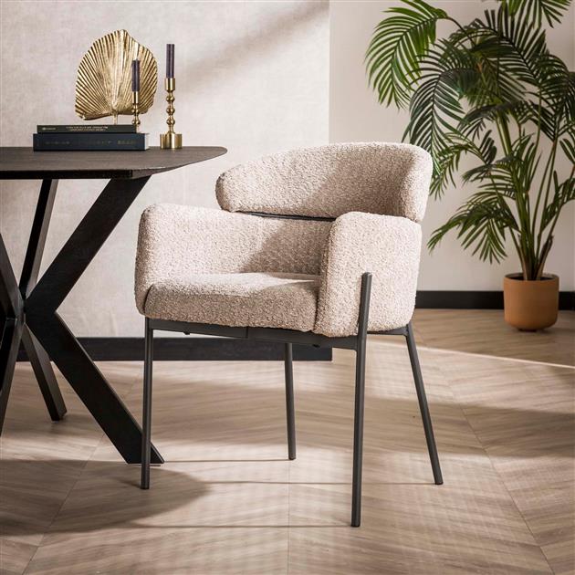 Chaise de salle à manger Lola tissu bouclé beige avec dossier et accoudoirs ronds 