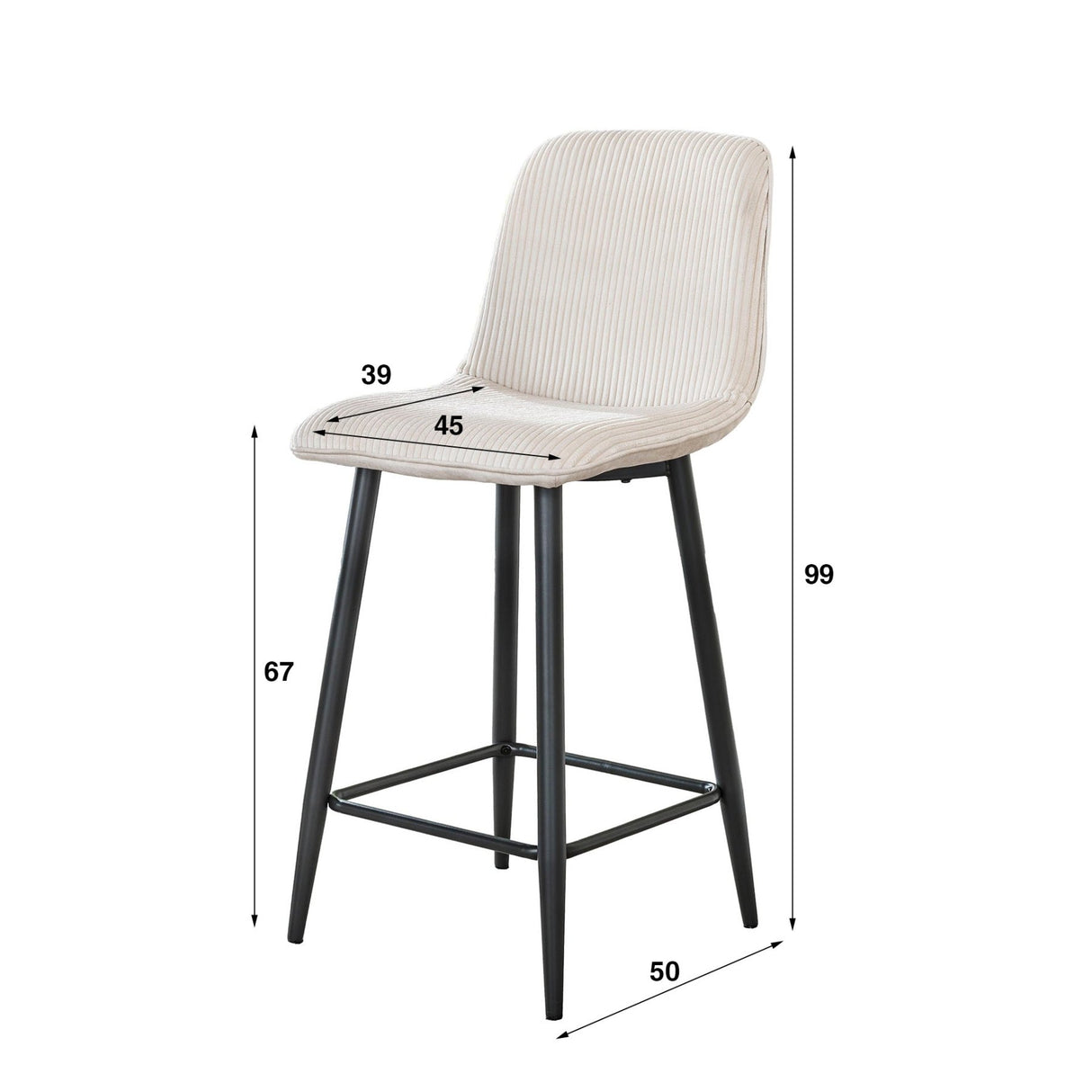 Tabouret de bar moderne Lento en tissu Rib Rock couleur ivoire avec texture à rayures 