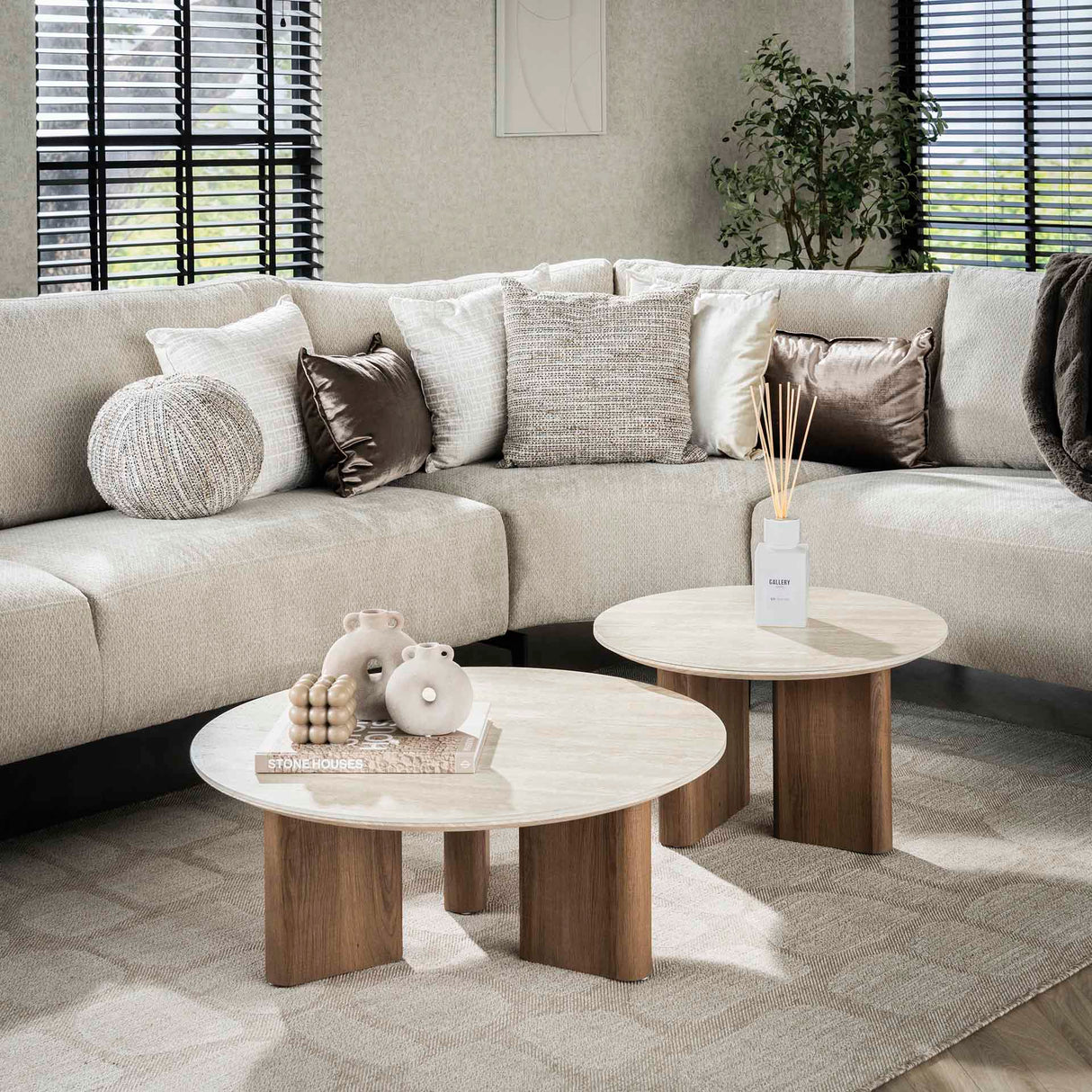 Ensemble de tables basses Nola Rond - Céramique Travertin (2 pièces) 
