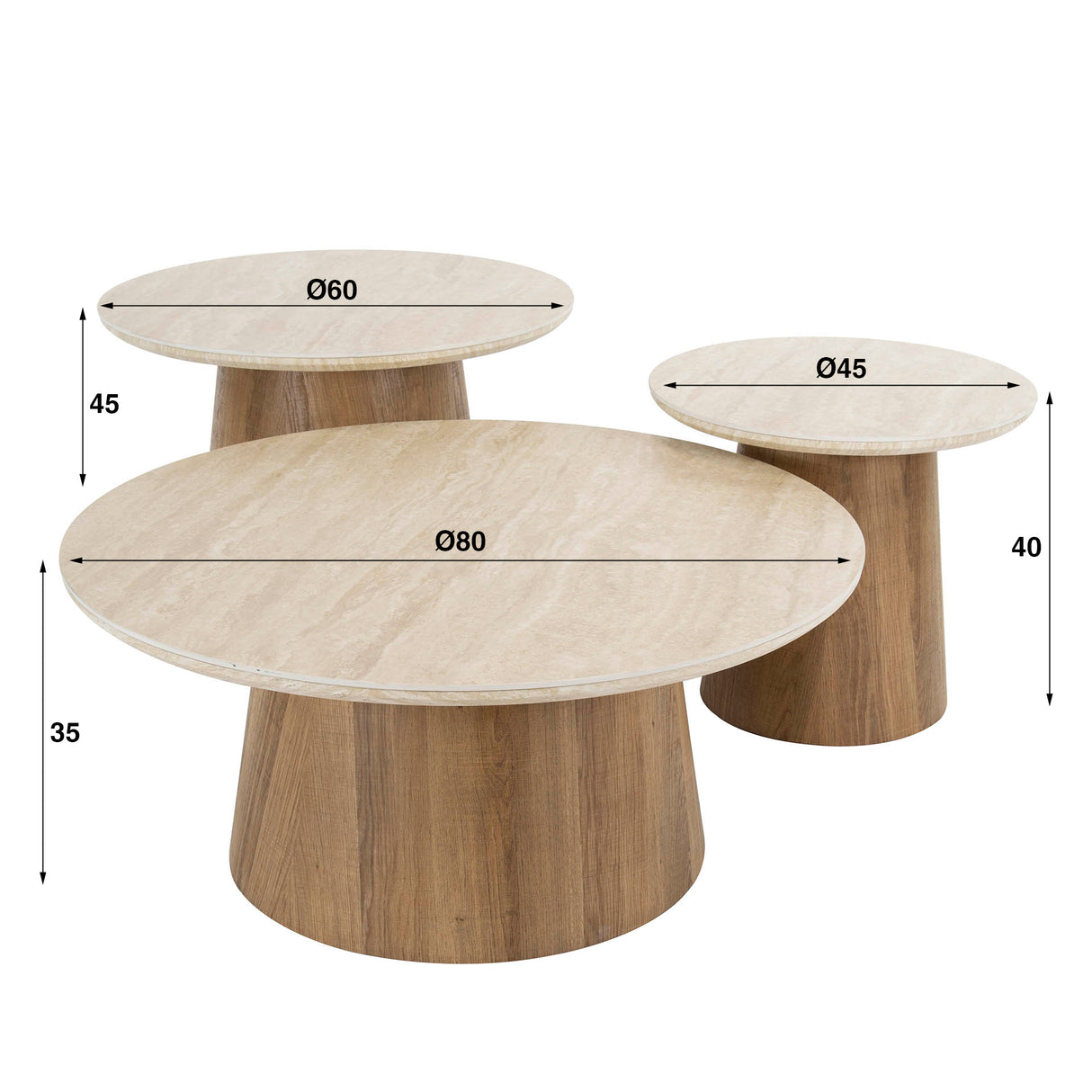 Trio Ø80 Ensemble de tables basses en céramique Travertin 