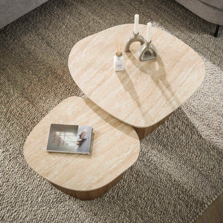 Ensemble de 2 tables basses Rio en céramique en forme de galet en bois 