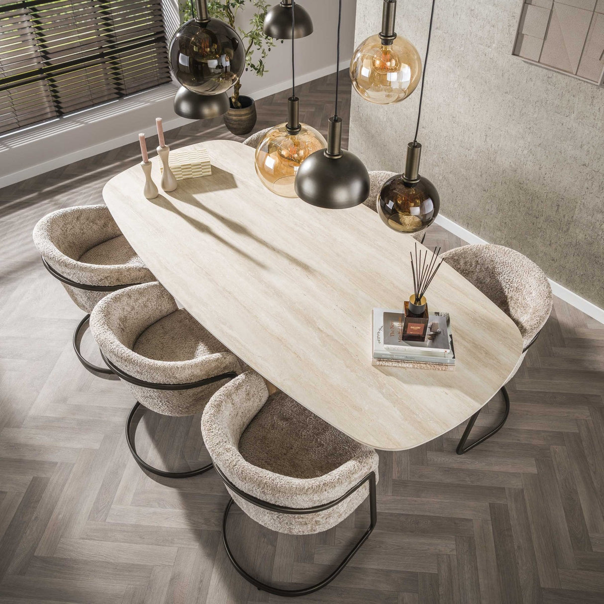 Eettafels - Deens Ovaal Eettafel Jimi 215 cm 3D Keramiek Travertin - Dimehouse