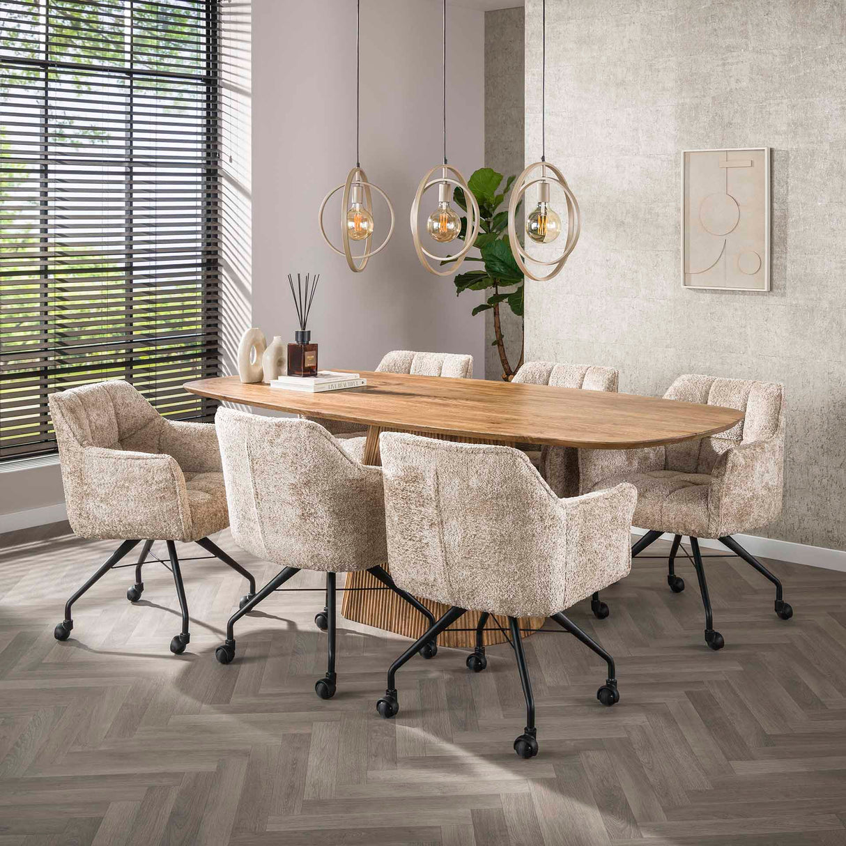 Lot de 2 chaises de salle à manger Tova tissu Alura sable avec roulettes