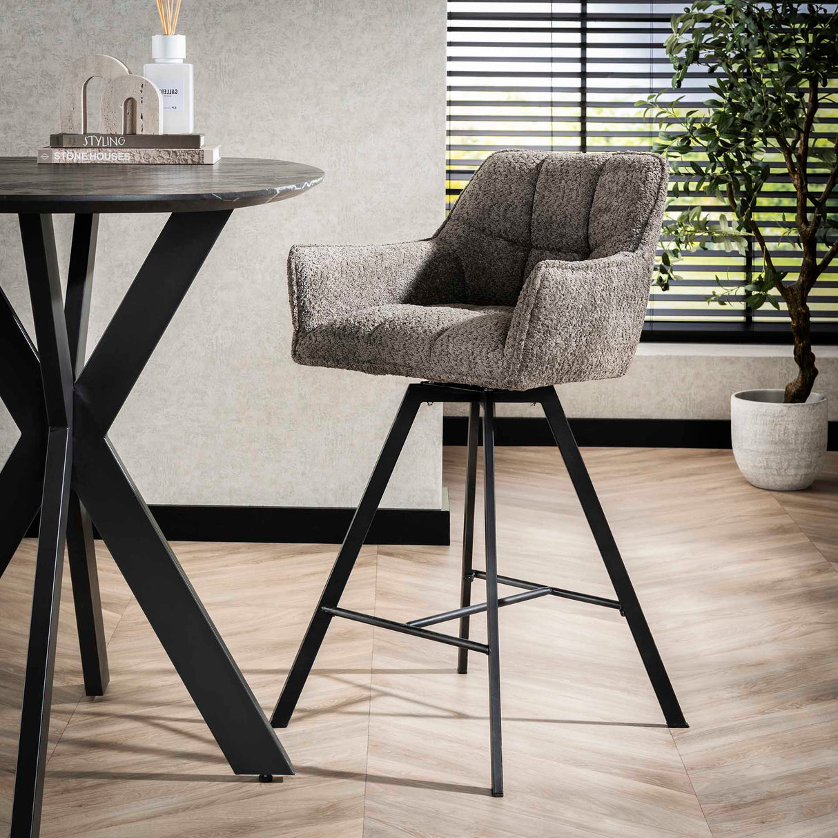 Tabouret de bar Lino Bouclé Taupe Pivotant 