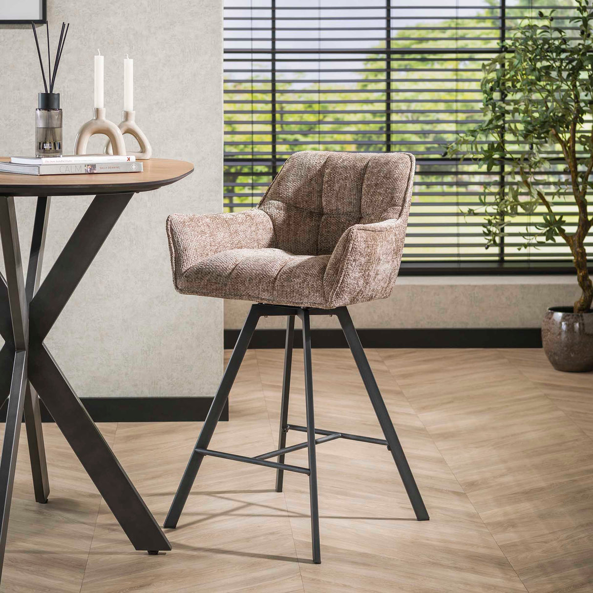 Ensemble de 2 tabourets de bar Lino Chenille Tissu Champagne Riche Pivotant 