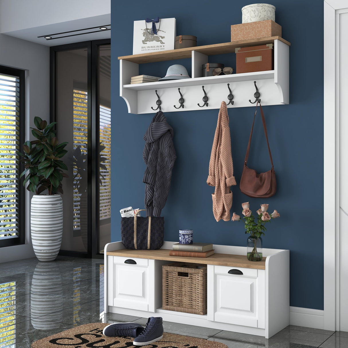 Ensemble de meubles Porte-manteau - Meuble à chaussures - Mélamine Blanc-Noyer 
