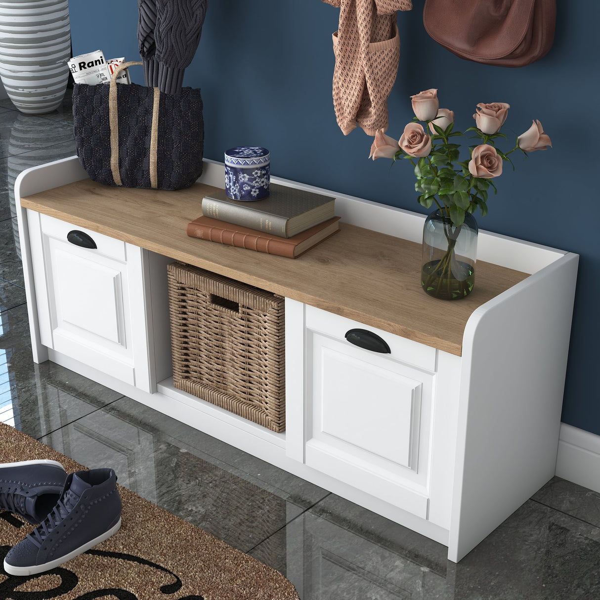 Ensemble de meubles Porte-manteau - Meuble à chaussures - Mélamine Blanc-Noyer 