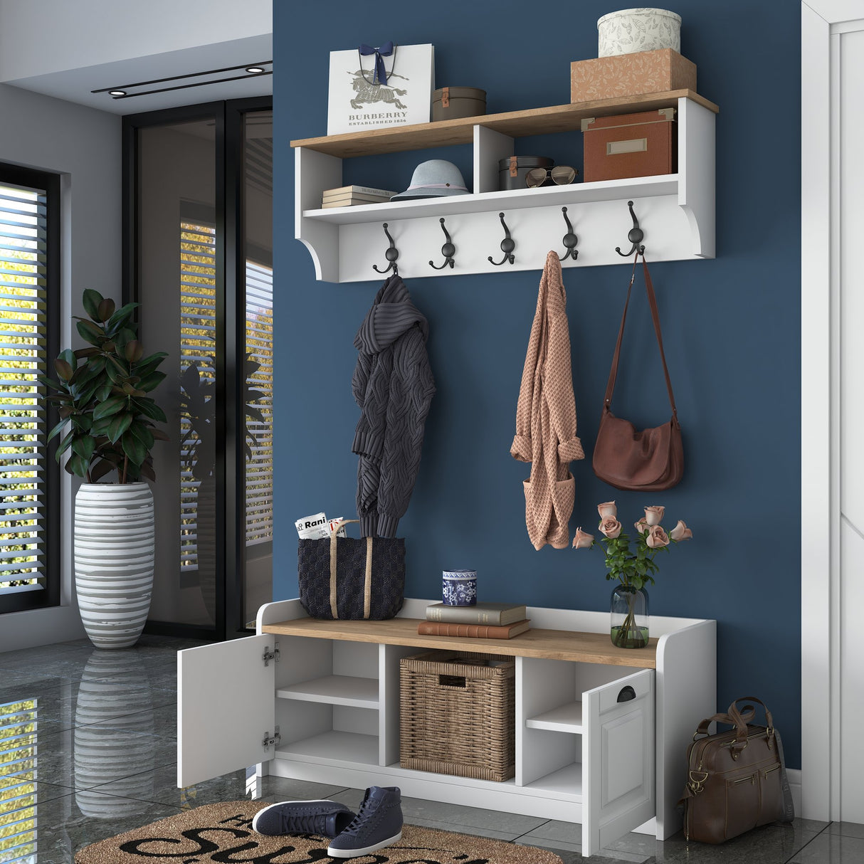 Ensemble de meubles Porte-manteau - Meuble à chaussures - Mélamine Blanc-Noyer 