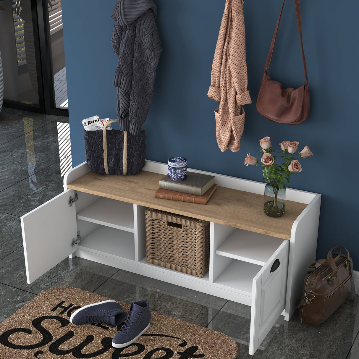Ensemble de meubles Porte-manteau - Meuble à chaussures - Mélamine Blanc-Noyer 