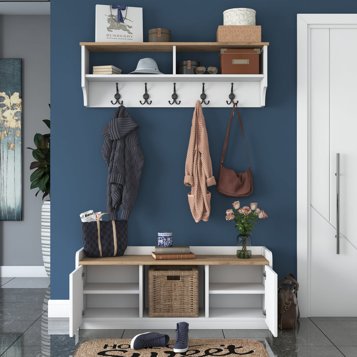 Ensemble de meubles Porte-manteau - Meuble à chaussures - Mélamine Blanc-Noyer 