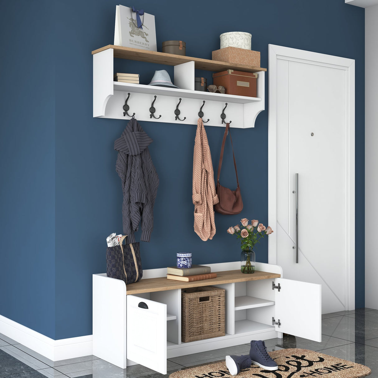 Ensemble de meubles Porte-manteau - Meuble à chaussures - Mélamine Blanc-Noyer 