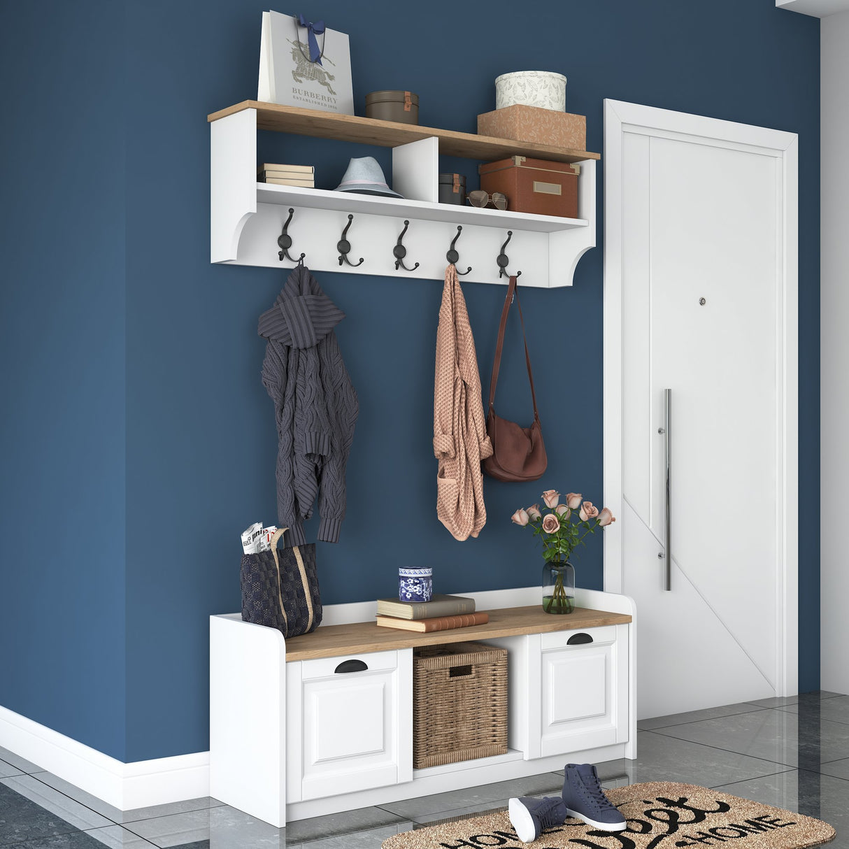 Ensemble de meubles Porte-manteau - Meuble à chaussures - Mélamine Blanc-Noyer 
