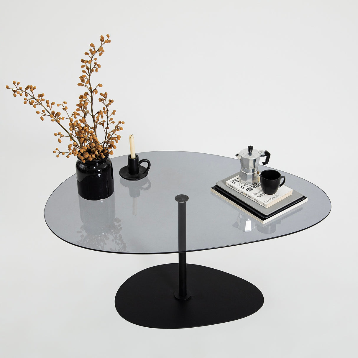 Table basse design organique en verre teinté Torpo - cadre en métal noir 