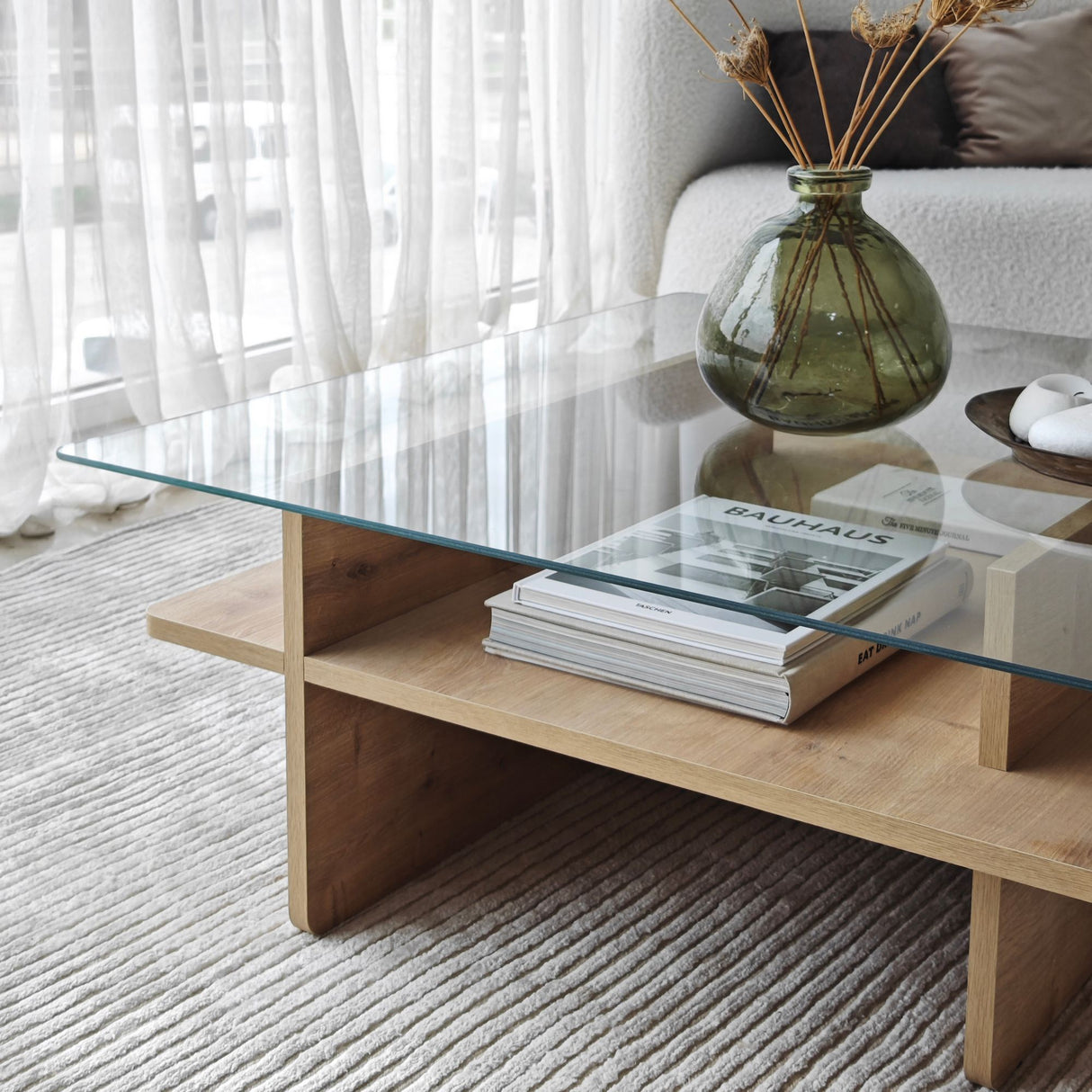 Table basse carrée en verre Sagu - Piètement en mélamine Sapphire - 90x90 cm 