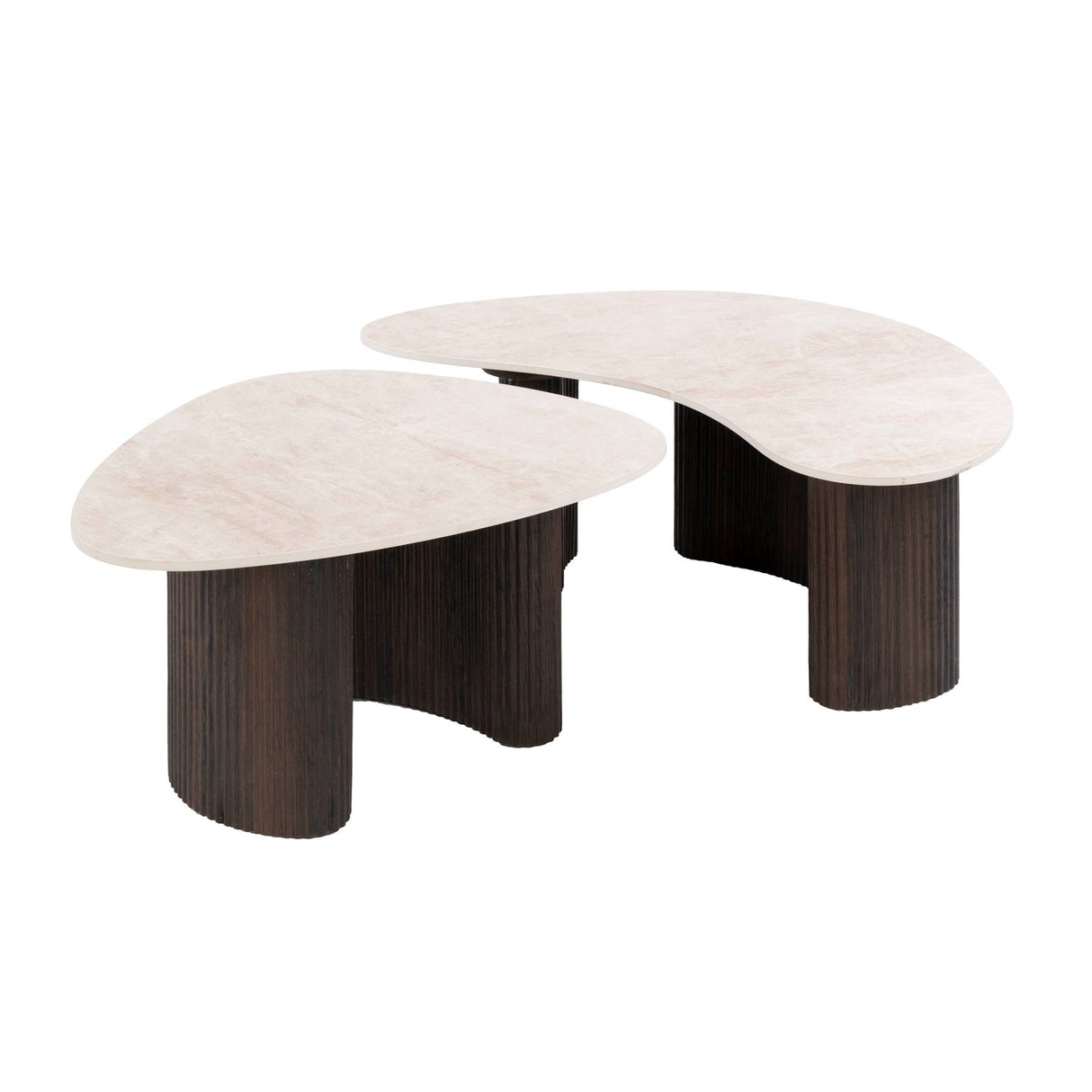Lot de 2 tables basses bio Cruz - plateau Taj Mahal en céramique pieds aspect bois marron foncé
