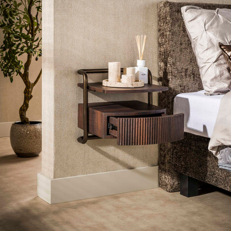 Table de chevet flottante avec 1 tiroir bois marron foncé structure bronze Blaze