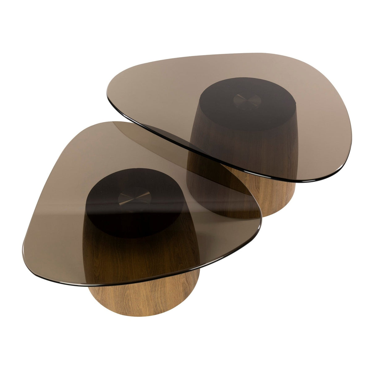 Ensemble de 2 tables basses triangulaires Marea en bronze et verre 91x71 cm 