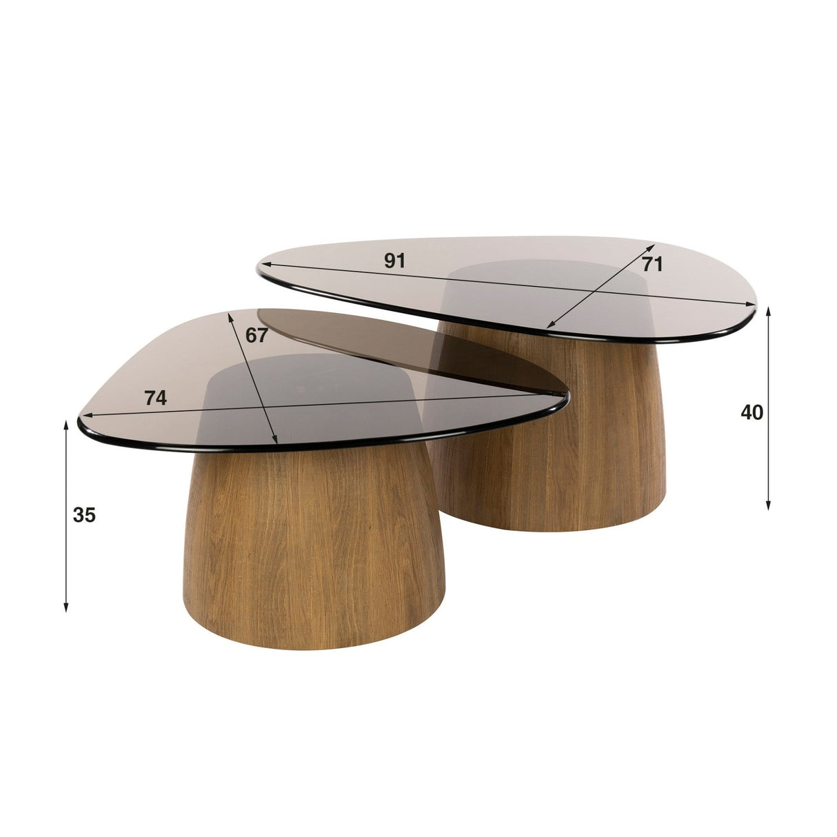 Ensemble de 2 tables basses triangulaires Marea en bronze et verre 91x71 cm 