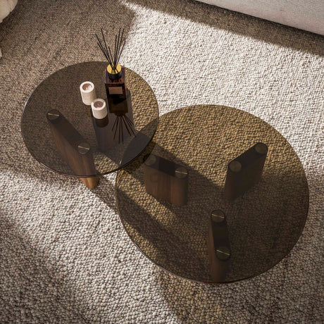 Lot de 2 tables basses rondes verre fumé marron aspect chêne Thor