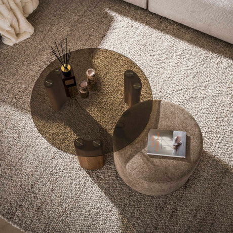 Lot de 2 tables basses rondes Thor verre fumé marron et tissu couleur sable