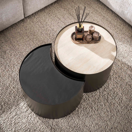 Set de 2 tables basses Moony – structure métal & céramique aspect travertin et verre
