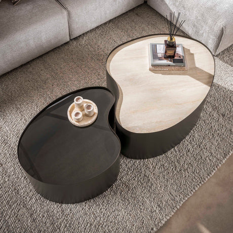 Set de 2 tables basses bio Moony – structure métal & céramique aspect travertin et verre
