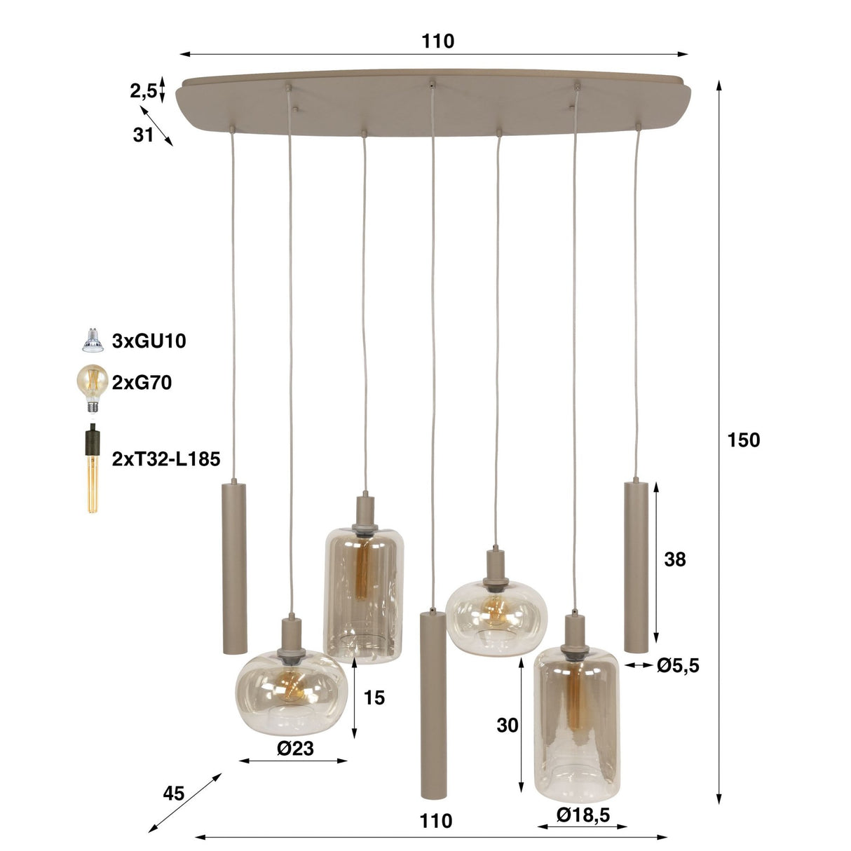 Lampe à suspension Sera 7 lumières métal beige verre ambré