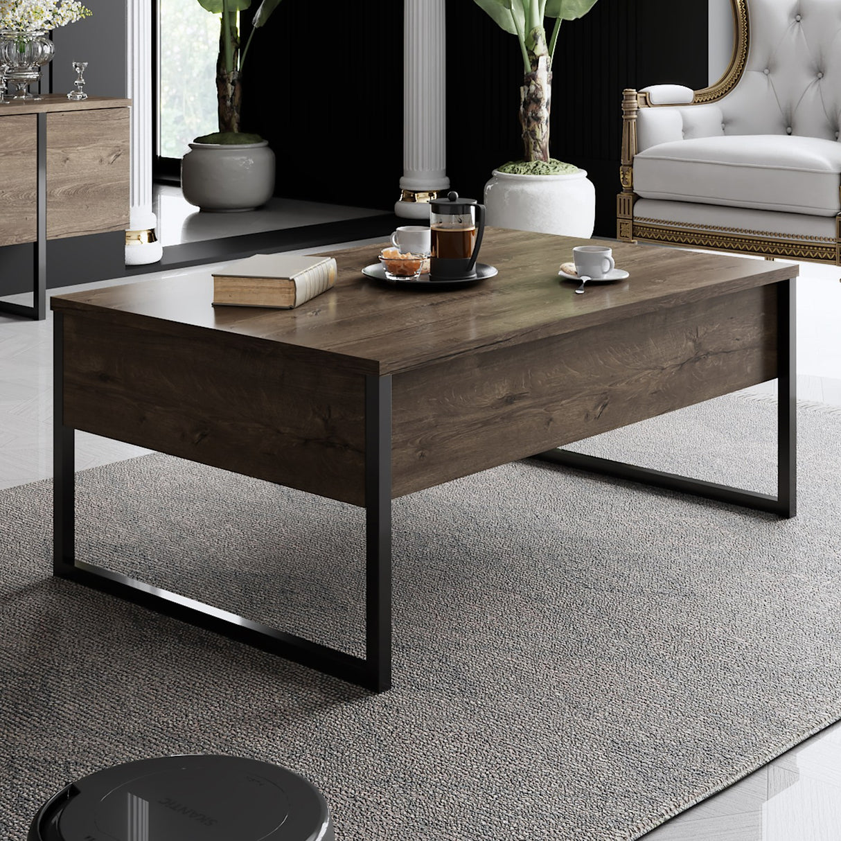 Table basse rectangulaire en noyer de luxe 90 x 60 cm - Cadre noir