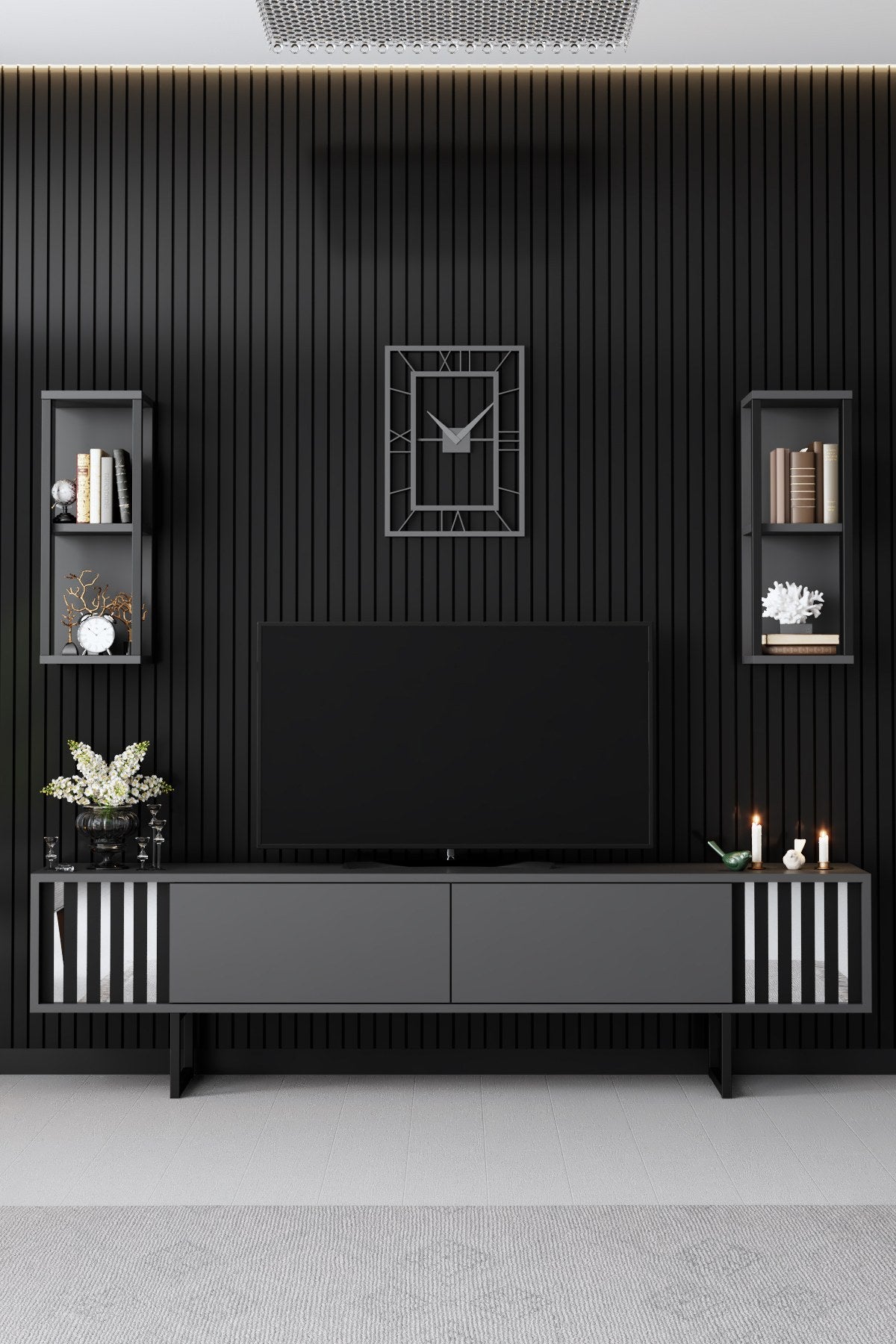 TV Meubels - TV Meubel Set Chrome Line Antraciet Zwart Melamine 180x48x30 cm - Dimehouse