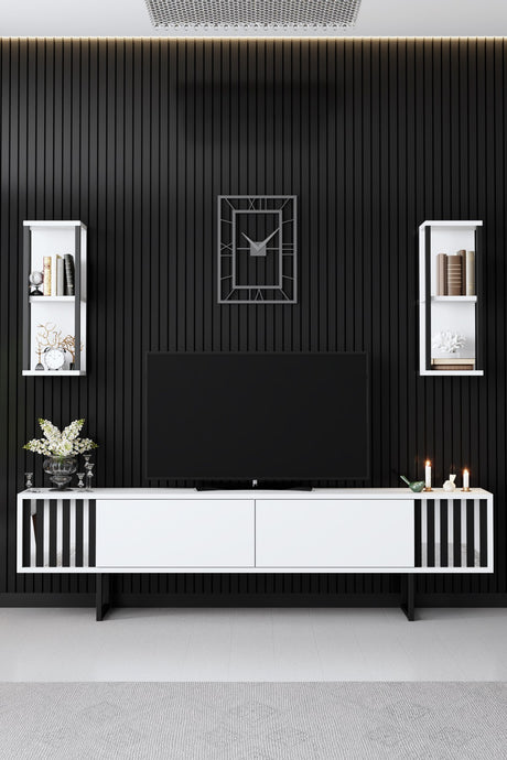 TV Meubels - TV Meubel Set Chrome Line Wit Zwart Melamine 180x48x30 cm - Dimehouse