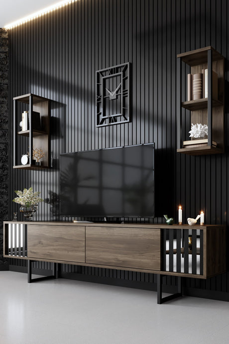 Meubelsets - Meubelset Walnoot - Zwart - Chrome Line - Salontafel + TV Meubel - Dimehouse