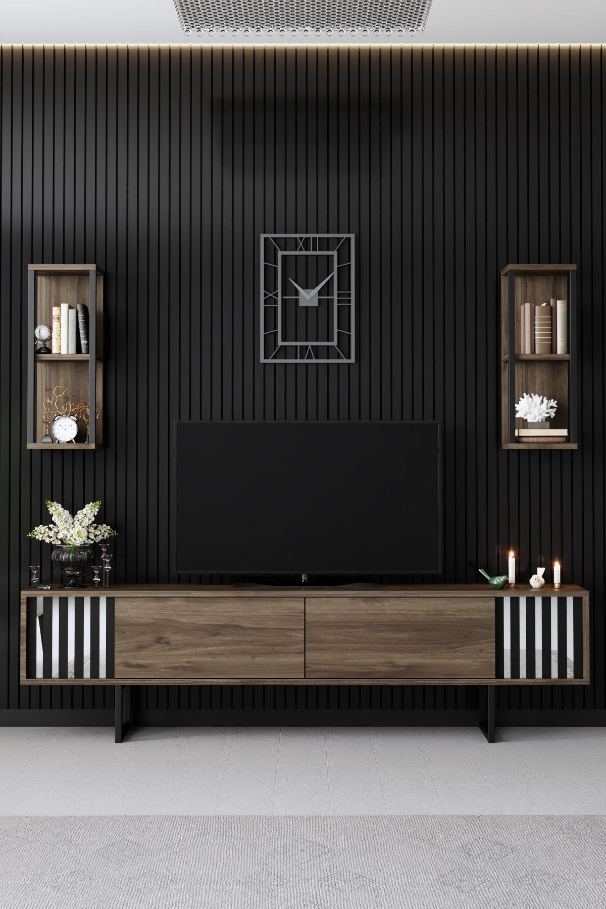 Ensemble de meubles Noyer-Noir - Ligne Chrome - Table basse + Meuble TV