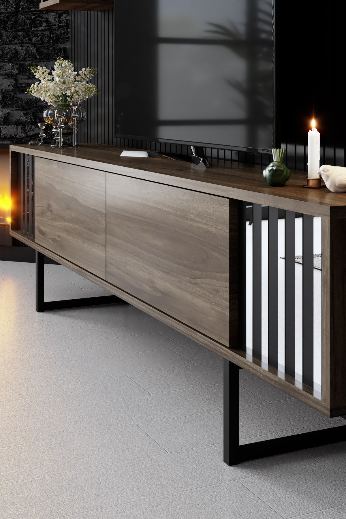 Ensemble de meubles Noyer-Noir - Ligne Chrome - Table basse + Meuble TV