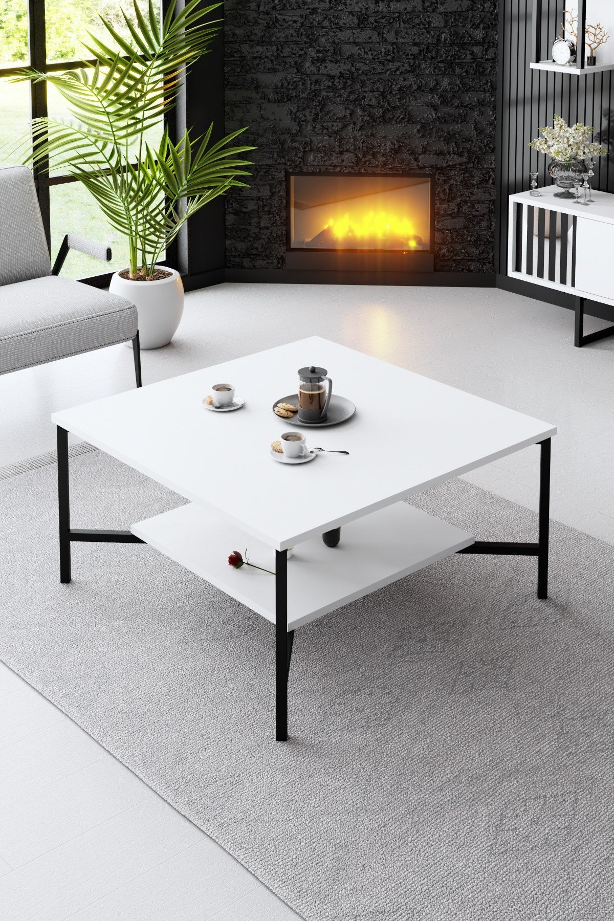 Ensemble de meubles Blanc-Noir - Ligne Chrome - Table basse + Meuble TV