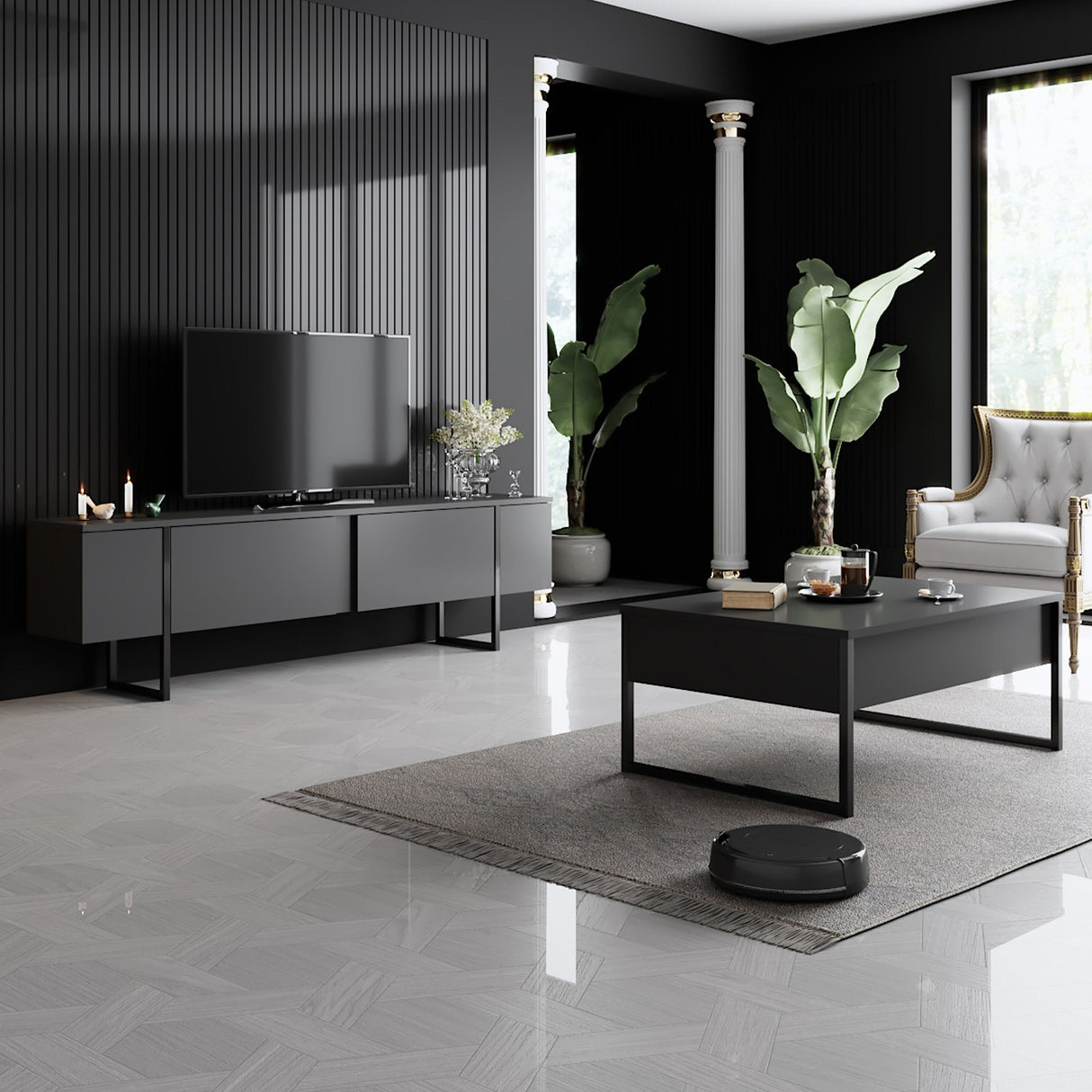 Ensemble de meubles Anthracite Luxe - Table basse + meuble TV - Structure noire