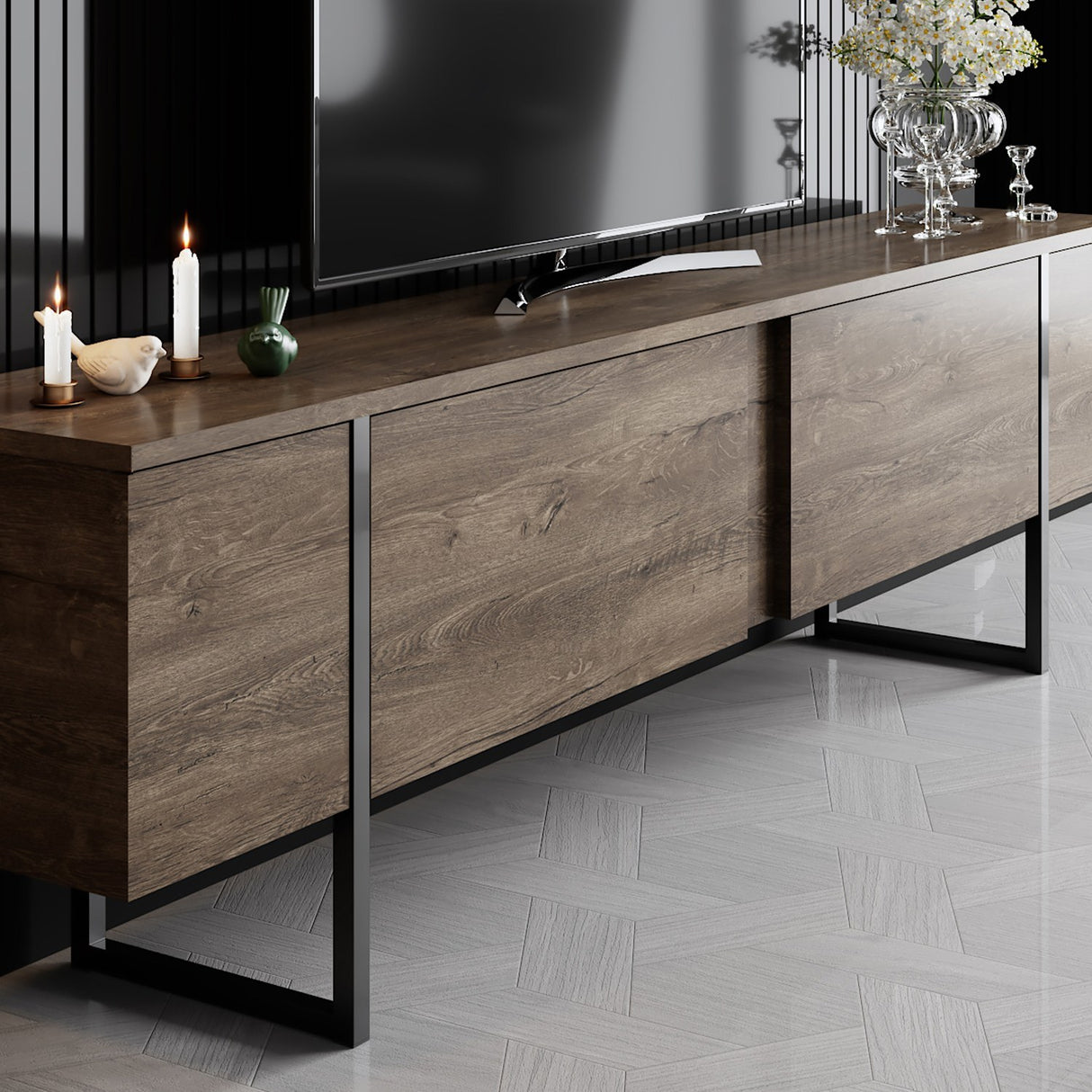 Ensemble de meubles de luxe en noyer - Table basse + meuble TV - Cadre noir