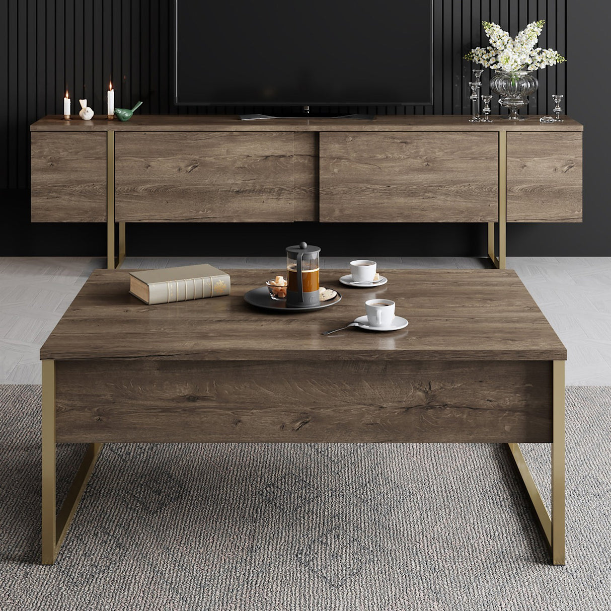 Ensemble de meubles de luxe en noyer - Table basse + meuble TV - Cadre doré