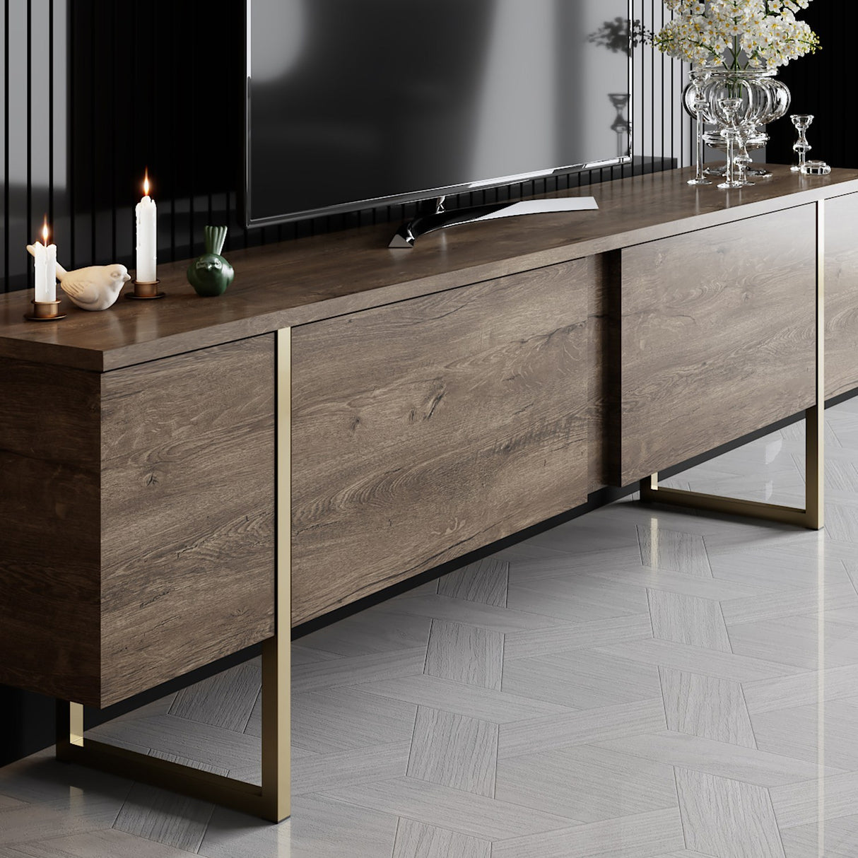 Ensemble de meubles de luxe en noyer - Table basse + meuble TV - Cadre doré