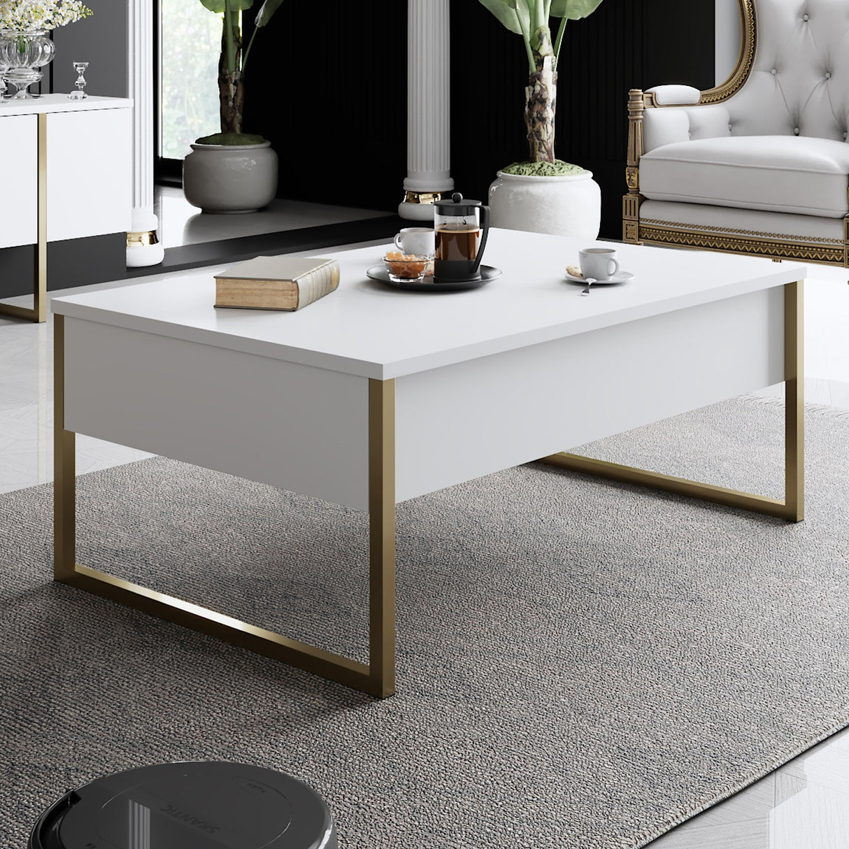 Ensemble de meubles Blanc Luxe - Table basse + Meuble TV - Cadre doré